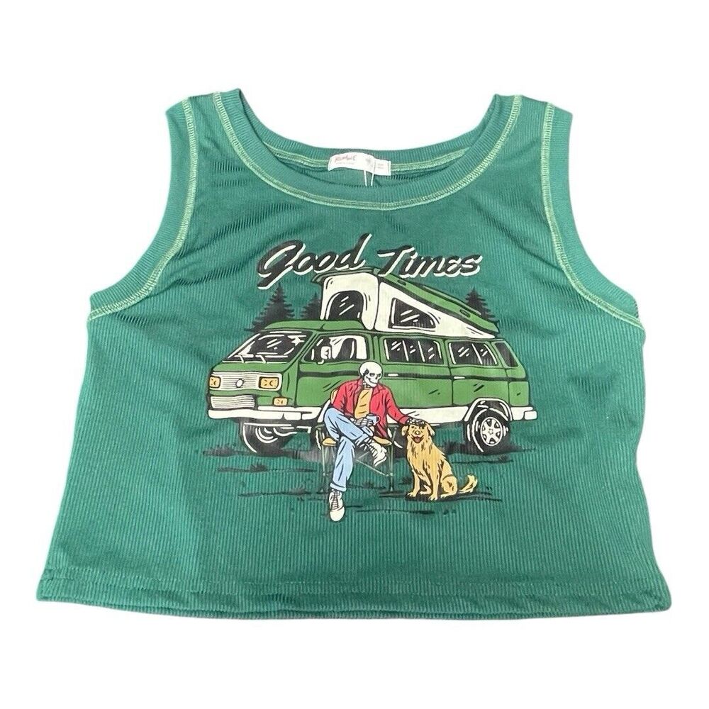 Romwe Good Times Tank Top Women’s Sz L Skeleton Camping Cropped Green